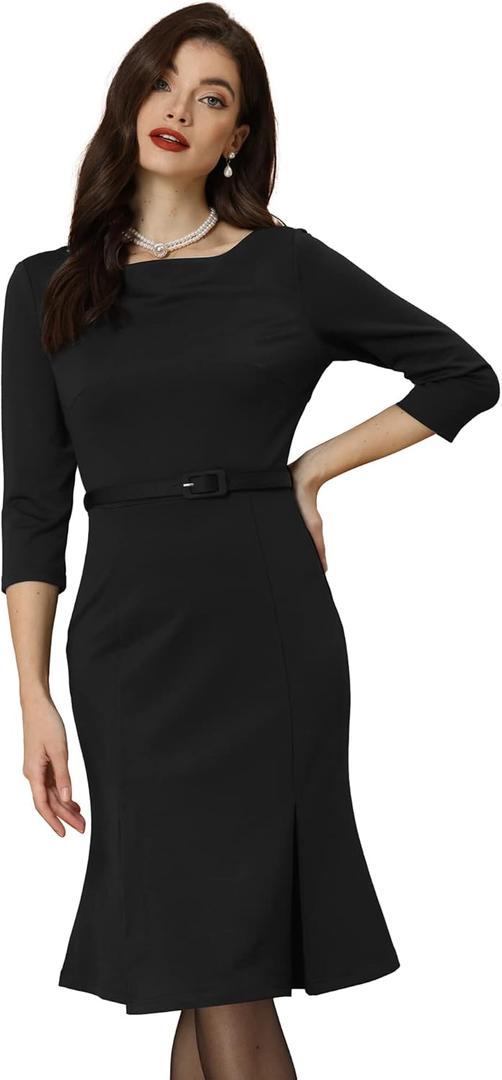 Allegra K Business Elegant Funeral Dresses for Women's Boat Neck 3/4 Sleeve Pleated Modest Midi Dress (Medium)