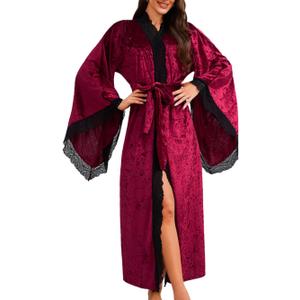 Silk Long Robe For Women, Satin Lace-Trim, Bride Wedding-Night, Bridal Bridesmaid Kimono Robes Lightweight (Medium, Velvet Burgundy)