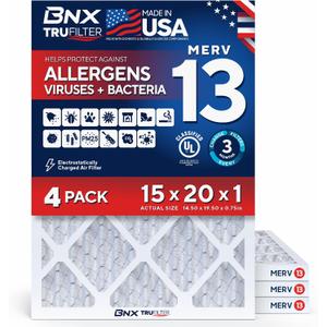 BNX TruFilter 15x20x1 Air Filter MERV 13 (4-Pack) - MADE IN USA - Electrostatic Pleated Air Conditioner HVAC AC Furnace Filters for Allergies, Pollen, Mold, Bacteria, Smoke, Allergen, MPR 1900 FPR 10