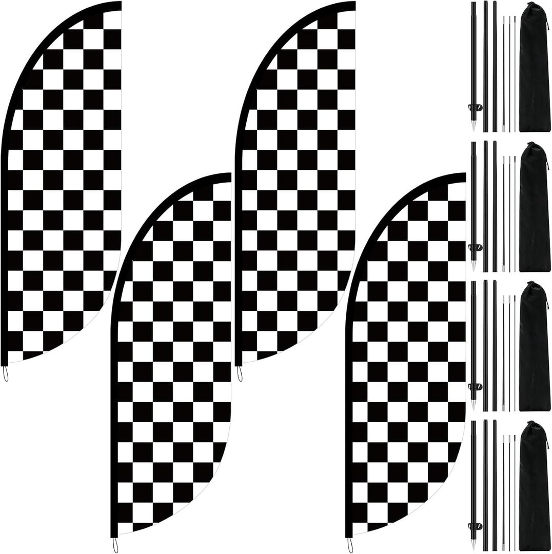 4 Sets 7 ft Checkered Flags Banner Black and White Swooper Flag with Pole Kit Race Car Theme Party Decoration Windless Checkered Feather for Racing Birthday Party Supplies