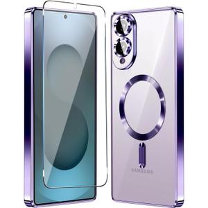 Magnetic Glossy Case for Samsung Galaxy S25 Edge,S25 Edge Phone Case Slim Clear Luxury with Screen Protector & Camera Protector [Compatible with MagSafe], Shockproof Cover for Samsung S 25 Edge-Purple
