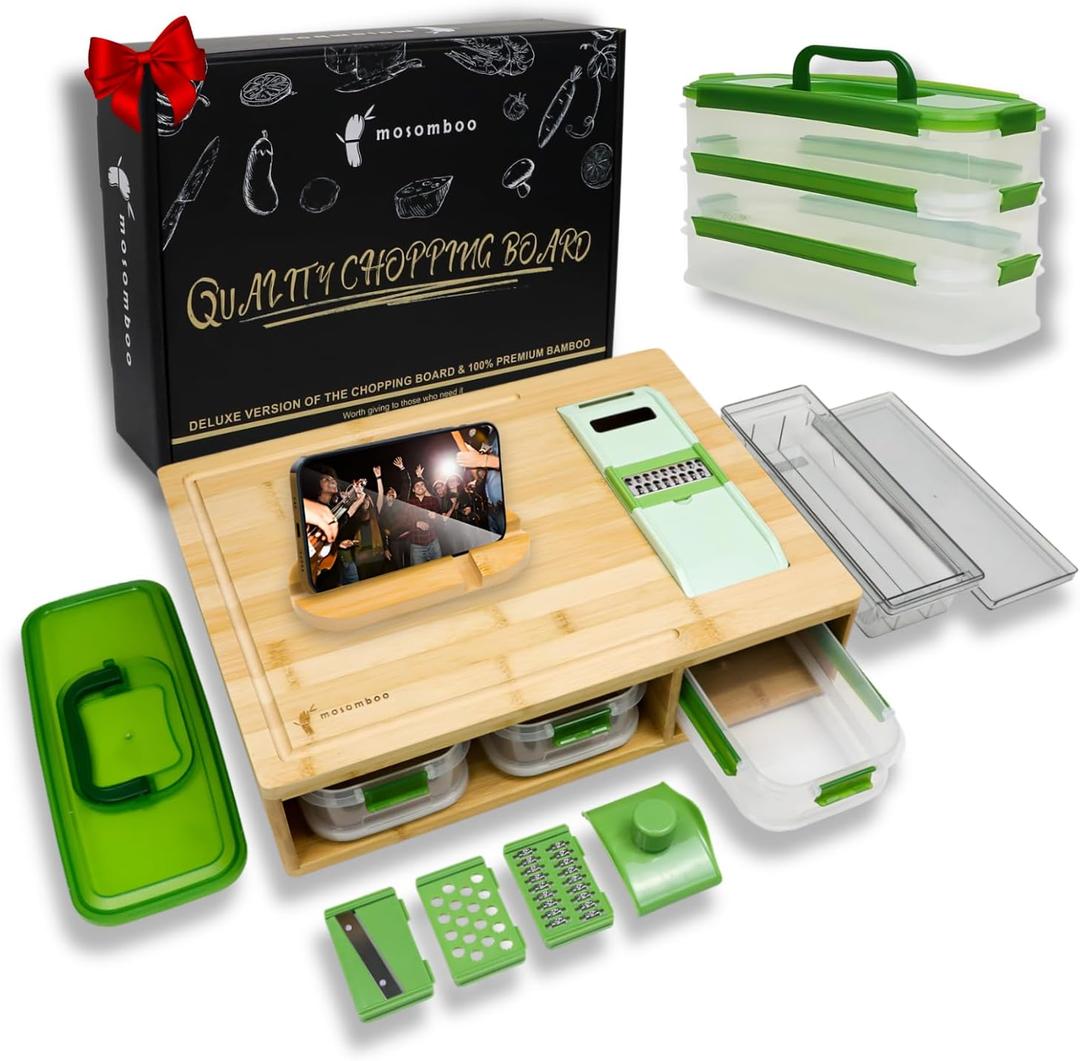 Bamboo Cutting Board with Containers, Large Smart Cutting Board Set with Stackable Containers, Built-in Graters and Locking Lid, Meal Prep Station, Chopping Board Set, Housewarming Gifts