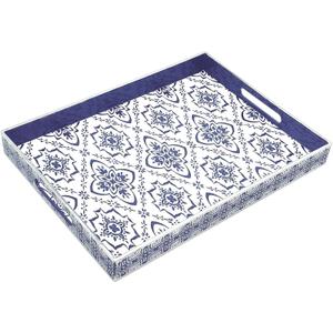 Serving Tray with Handles, 15.7 * 11.8 inches, Plastic Ottoman Tray with Exquisite Paintings, Trays for Coffee Table