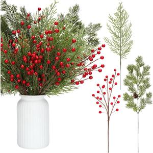 Tigeen 30 Pcs Christmas Artificial Pine Branches with Berry Stems 16 Inch Christmas Greenery Stems with Pinecones Faux Cedar Pine Needles Picks for Xmas Tree Vase Wreath Garland DIY(Red)