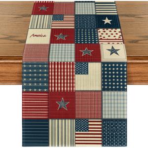 Artoid Mode Checkered Stars Stripes 210 GSM 4th of July Table Runner, Memorial Day Kitchen Dining Table Decoration for Home Party Decor 13x72 Inch
