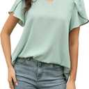 Womens Tops Dressy Casual Swiss Dot V Neck Ruffle Tunic Blouse for Women Cute Petal Short Sleeve Pom Pom Shirt Office (Green)