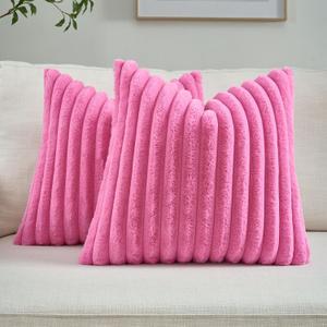 FUTEI Hot Pink Striped Decorative Throw Pillow Covers 26x26 Inch Set of 2,Square Winter Decorations Couch Euro Pillow Shams,Soft Cozy Faux Rabbit Fur & Velvet Back,Modern Home Decor for Bed