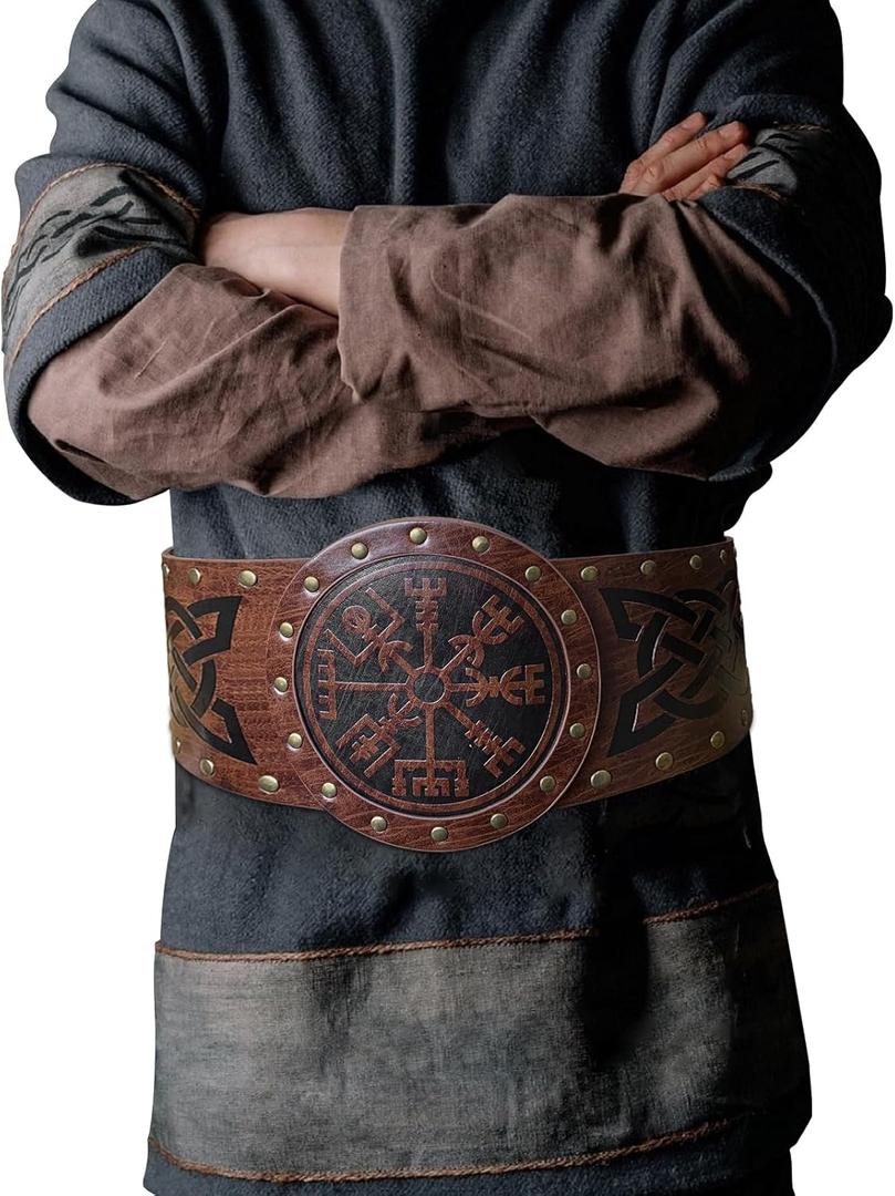 HiiFeuer Viking Embossed Wide Belt, Nordic Faux Leather Armor Belt Knight Corset Belt, LARP Costume (Brown A)