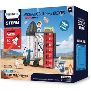 Space Magnetic Tiles for Kids, 30 Piece STEM Magnetic Building Blocks Set, Rocket Ship Space Station Educational Construction Toy with Astronaut Figure for Boys Girls Ages 3-8