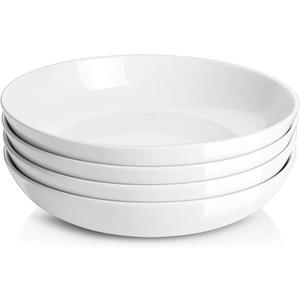 DOWAN 9.75" Pasta Bowls Set of 4, Large Shallow White Ceramic Salad Bowls, 50oz Wide Dinner Bowls for Pasta, Soup, Salad & Stew, Microwave & Dishwasher Safe, Housewarming Gift(Soft White)