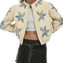 Gacaky Women's Lightweight Floral Embroidered Cropped Quilted Jacket Winter Warm Button Down Puffer Jacket Coat with Pockets (XXL)