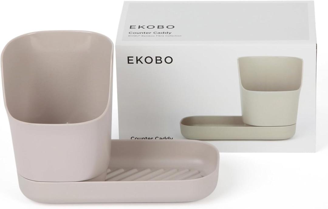 EKOBO Bamboo kitchen Sink Caddy Organizer, Stone, 2Piece Countertop kitchen sponge holder with divider and ribbed tray for soap or brushes, removable Cup, dripReservoir, dishwasherSafe