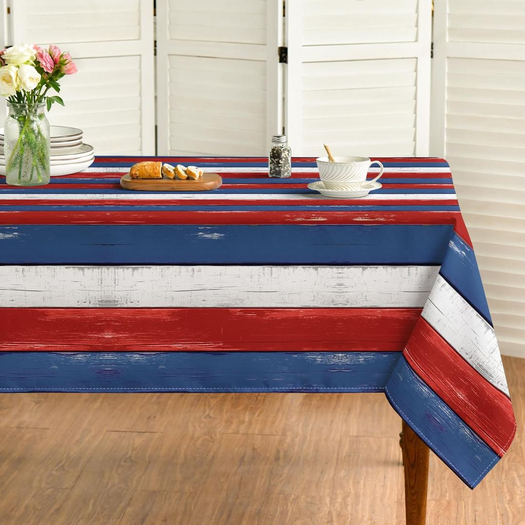 Horaldaily Red Blue Wood Grain Tablecloth 60×84 Inch Rectangular, Rustic Red Blue Wooden Stripes Vintage Table Cover for Western Barn Themed Party Dinner Patio Garden