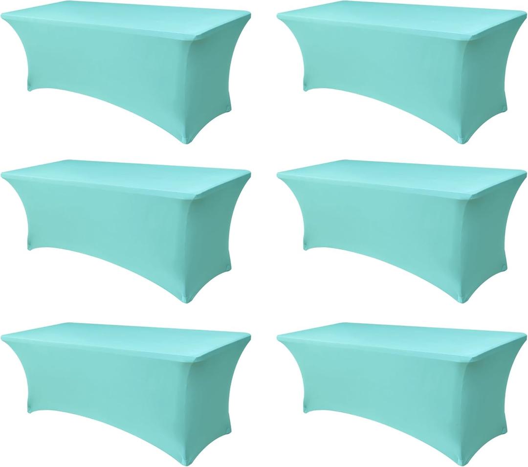 Spandex Table Cloths for 8 Foot Rectangle Tables-6 Pack Fitted Stretch Aqua Blue Table Covers-Folding Tablecloths for Party, Vendor Booth Display, Banquet Buffet Event, Craft Trade Show