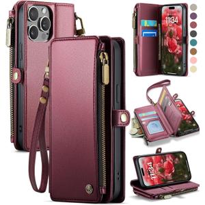 Defencase Compatible with iPhone 14 Pro Case Wallet with RFID Blocking Card Holder for Women Men, Soft PU Leather Magnetic Snap Flip Zipper Strap Wallet Phone Case Fit for iPhone 14 Pro 6.1", Wine Red