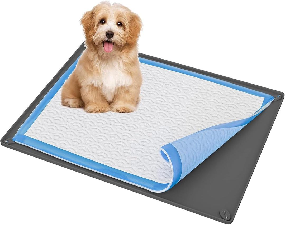 TidyFriend Puppy Pad Holder Tray Fits for 28 x 30 Pee Pads with Corner Lock Holes, Raised Edges, Non-Spill, Easy to Clean Silicone Puppy Potty Tray Holder, for Indoor Floor Protection (Grey) (Gray)