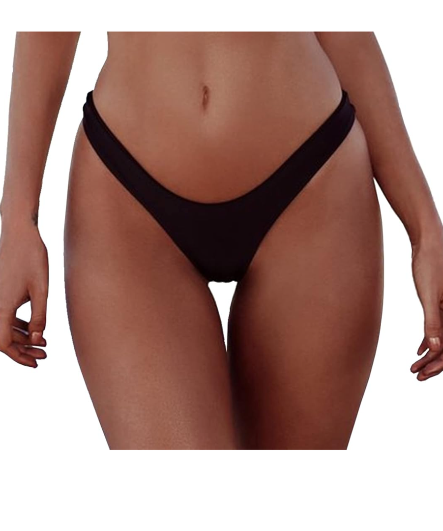 Women's Sexy Cheeky Brazilian Cut Bikini Bottom Solid Low Rise High Leg Thong Swimsuit Bottom, Color Black, L