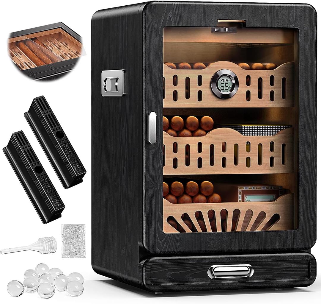 Cigar Humidor, Glass top Tabletop Cigar Humidor Cabinet Draw Pattern Spanish Cedar Tray, Accessories Drawer, 2 Standing Gel Humidifiers1 Digital Hygrometer, for MenBlack