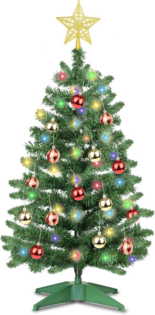 3 Ft Green Tinsel Christmas Tree Dual Color Change 12 Modes Timer DIY 50 Warm White & Multicolor Lights Star 15 Ball Ornaments Small Artificial Full Xmas Tree Battery Operated Table Home Indoor