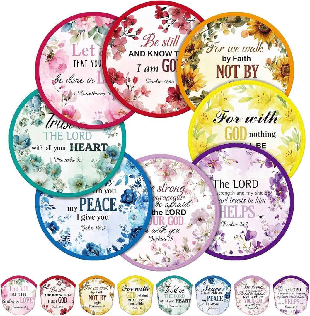 Gejoy 24 Pcs Christian Church Foldable Fan Style Christian Scripture Flower Handheld Round Folding Flying Disc for Women Man Daily Use Festival Wedding Party Favors Decorations Portable, 8 Style
