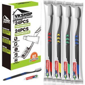 24 PS Individual Wrapped Travel Toothbrush Set with Toothpaste, Bulk Disposable Toothbrushes KitSoft Toothbrushes for Adults for Travel, Hotel, Business TripsDaily BackupBlack,Toothpaste 5g