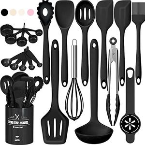 Umite Chef 22-Piece Silicone Cooking Utensils Set，Heat Resistant & Dishwasher Safe Kitchen Tools, Black Non-Scratch Spatula Set for Nonstick Cookware (Black)