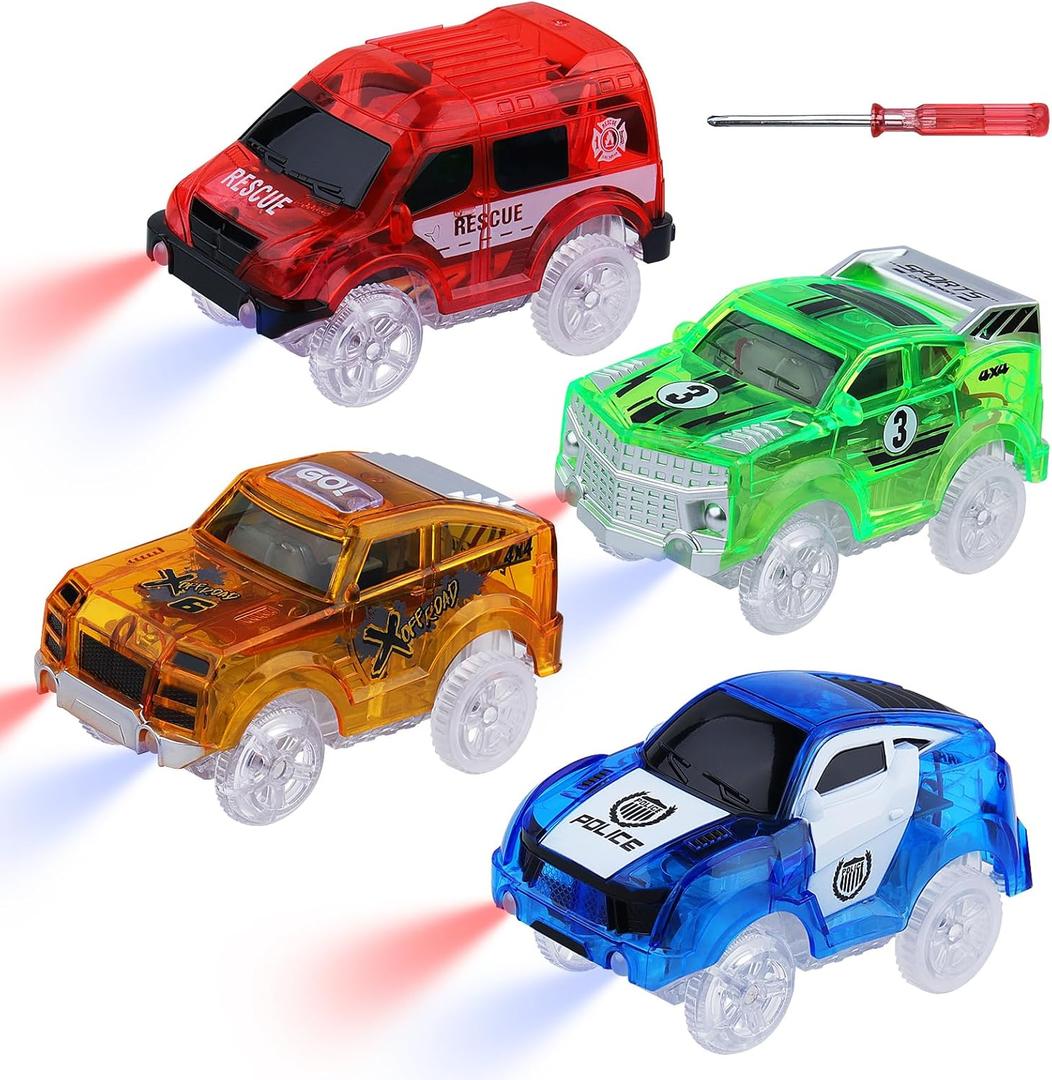 Tracks Cars Magic Light Up Track Cars Toy Glow in The Dark for 3 4 5 6 7 8 Kids Boy Girl, Race Cars with 5 LED Flashing Light Battery Operated Vehicle Compatible w/Most Tracks (4Pcs)