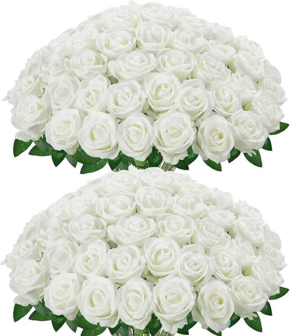 InnoGear 100 Pcs White Roses Artificial Flowers, Fake Velvet Silk Rose Bulk Faux Flower for Decoration DIY Wedding Centerpieces Proposal Bridal Bouquets Shower Party Home Floral Decor (100, White)