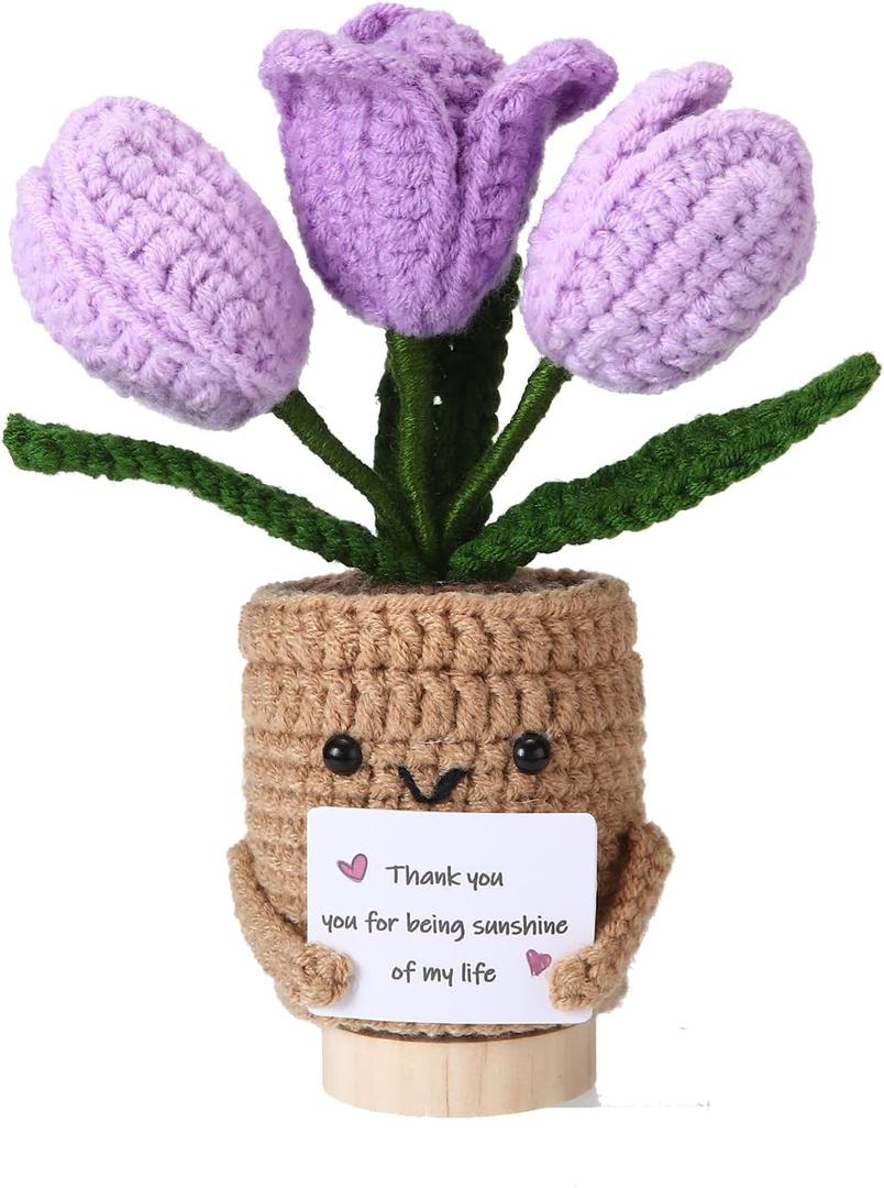 3 x RovyFota Crochet Tulip Gift – Handmade Present for Boyfriend, Girlfriend, Husband, or Wife – Perfect for Anniversary, Birthday, or Christmas – “Thank You” Gift for Him or Her (Purple)