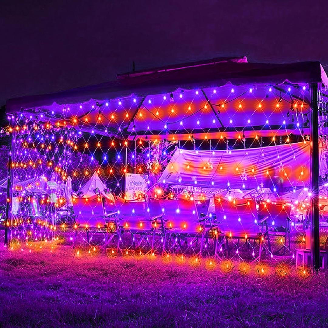 weillsnow 198 LED Halloween Net Lights,9.8FT*6.6FT Connectable Plug in Waterproof Mesh Lights with 8 Modes, Halloween Decorations Outdoor for House, Garden, Bush Decor (Orange&Purple)