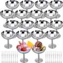 Reallnaive 18 Sets Stainless Steel Ice Cream Cups Bulk Silver Dessert Bowls with Forks 6.7 oz Small Metal Footed Cup for Serving Pudding Salad Fruit Sundae Summer Birthday Party Supply