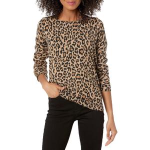 Amazon Essentials Women's Long-Sleeve Lightweight Crewneck Sweater (Available in Plus Size) (Camel Cheetah, Small)