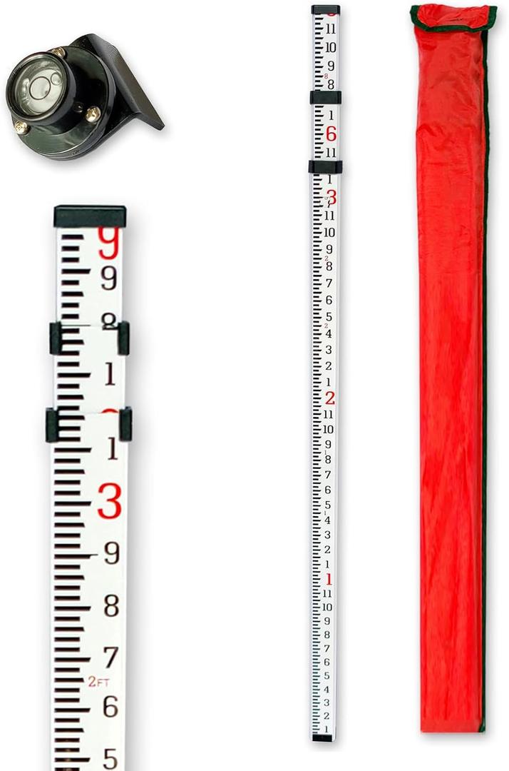 Grade Stick 9-Foot Aluminum Grade Rod - 10thsGrade RodGrade Stick for Laser LevelSurvey RodGrade RodsSurvey PoleWith Bubble Level, 3-Stage TelescopicDouble-Sided Scale Telescopic Leveling Rod