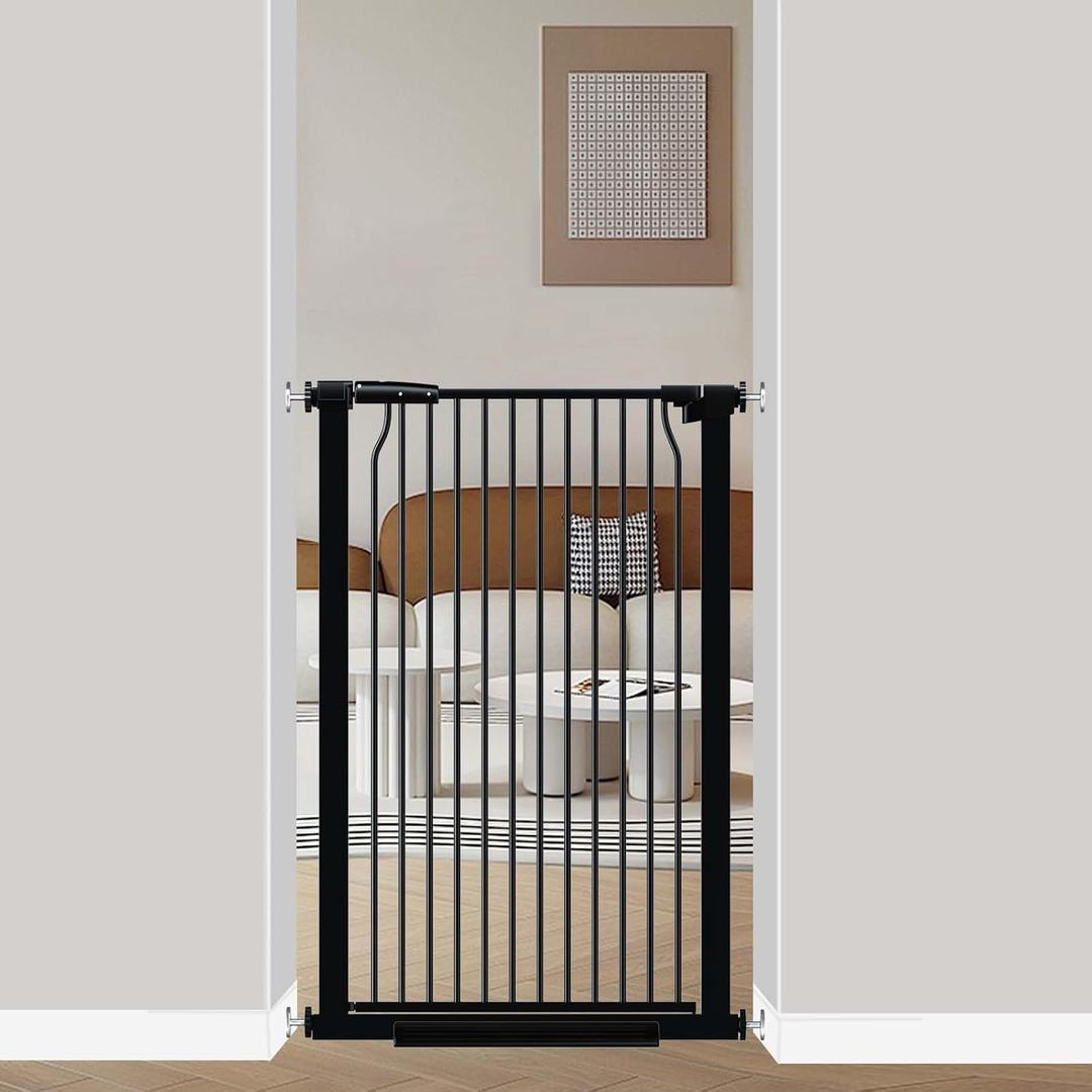 40.5" Extra Tall Baby Gate, 29.6"-32.5" Extra Wide Dog Pet Gate Pressure Mounted, Puppy Dog Proof Indoor Barrier, No Drill Safety Child Gate for Stairs 1.37" Narrow Space Metal Black Gate