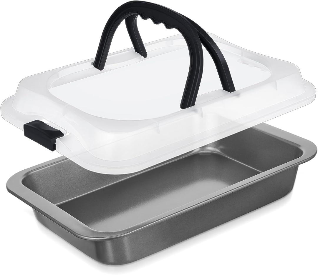 Qinyoung 1 Pcs Cake Baking Pan with Lid and Handle, 9 x 13 Inch Non-stick Rectangle Sheet Cake Pan Carrier for Brownie Roasting Cooking Baking (Black Gray)
