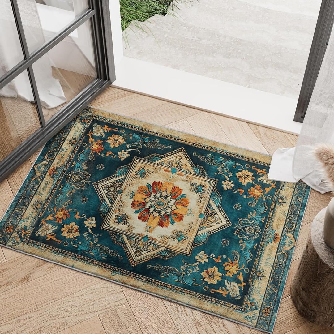 Blue Boho Area Rug 2x3 Vintage Floral Small Carpet Machine Washable Door Mat Low Pile Floor Rugs Flower Medallion Indoor Print Soft Non Slip Rug for Entryway Bathroom Kitchen Home Decor 2'x3' (Sapphire)