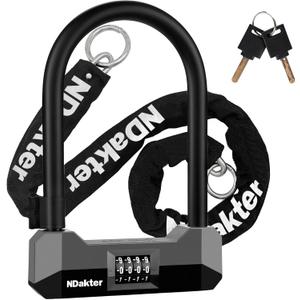 NDakter Bike Locks Heavy Duty Anti Theft, 18mm Motorcycle Combination U Lock with 4FT Chain, 4-Digit Combo Resettable Bicycle Lock with 2Keys for Ebike, Electric Scooter, Moped, Adults Tricycle (Gray)