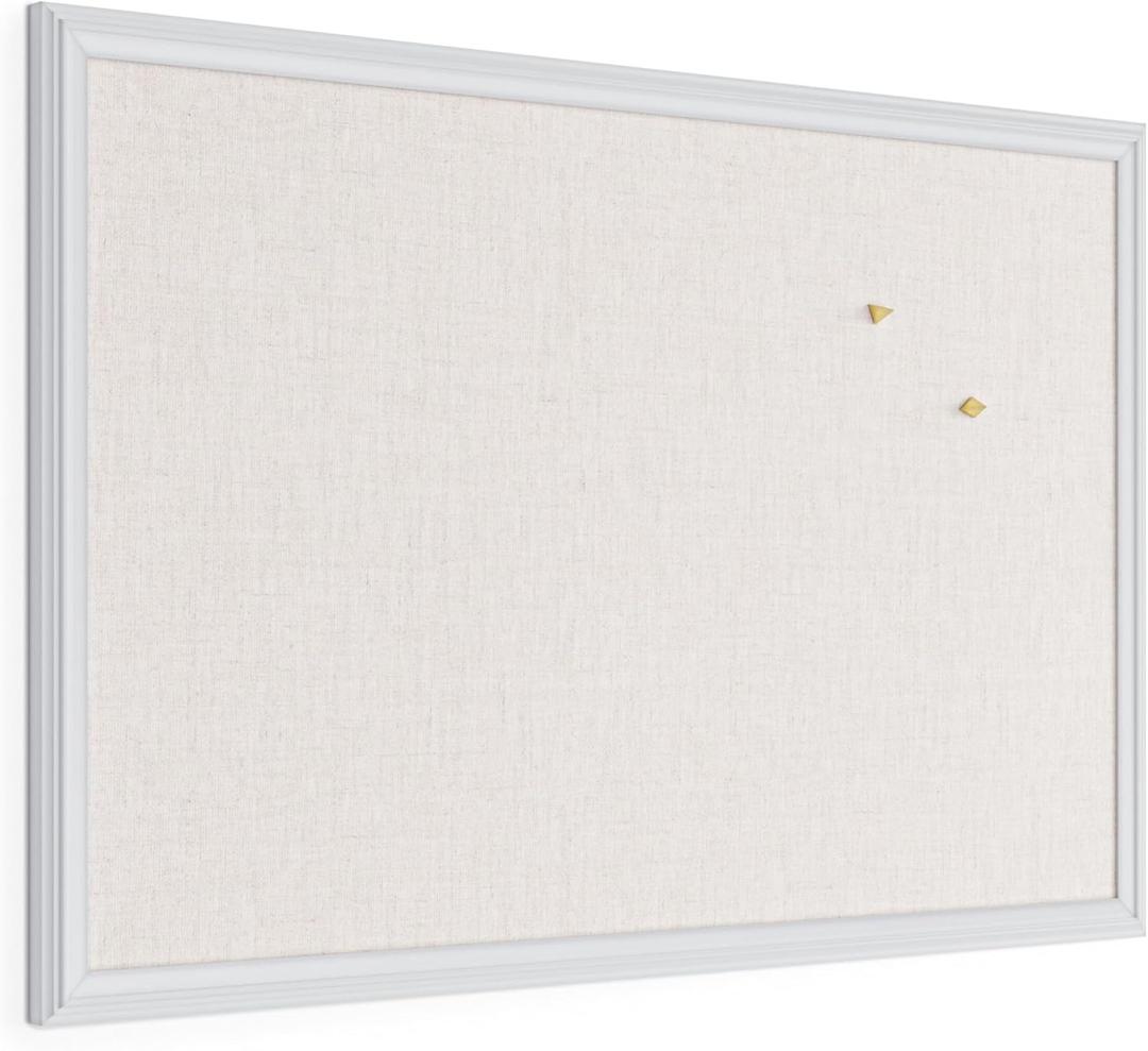 U Brands Farmhouse Linen Bulletin Board, 30" x 20", White Wood Frame, Wall Mounted Pin Board for Home Office, Classroom & Kitchen, Includes Push Pins
