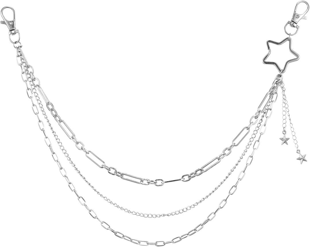 Silver Jeans Chain Multi Layer Star Pants Chain for Women Keychain Hip Hop Layered Punk Pocket Wallet Chains for Pants Trousers Men Women