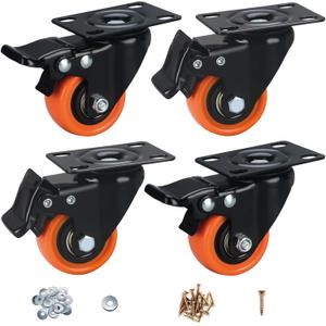 2" Caster Wheels, Casters Set of 4 Heavy Duty - ASRINIEY Orange PU Castors, Top Plate Swivel Wheels, 4-Pack Industrial Casters with Brake, Locking Caster for Furniture and Workbench