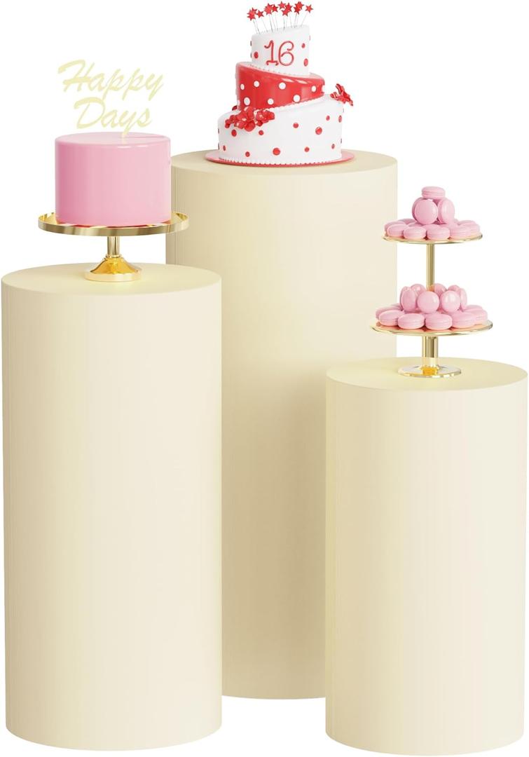 Wokceer Spandex Cylinder Stand Covers for Party 3Pcs Cylinder Pedestal Covers Plinth Stand Pillar Cover for Birthday Party Wedding Props Decor Beige (Only Cover)