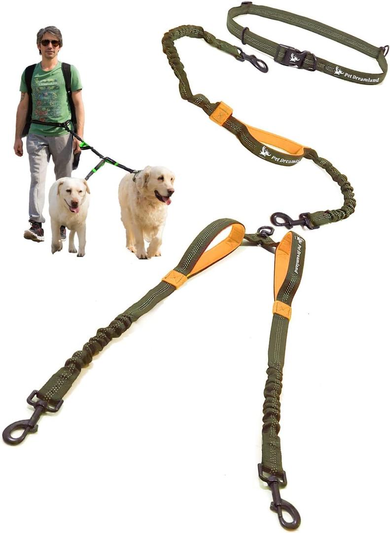 Pet Dreamland Exquisite Hands Free Double Dog Leash for Two Dogs with Tangle-Free Swivel. Premium Quality & Versatile for Running. You Will Absolutely Love This Amazing Waist Leash (Khaki & Orange) Two Large Dogs (35-150 lbs