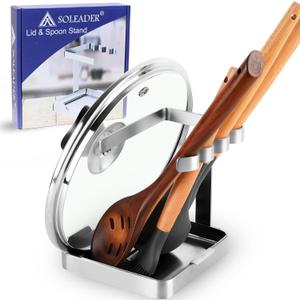 SOLEADER Pot Lid Holder While Cooking  Stainless Steel Upright Spoon Rest with Drip Tray, Space Saving Kitchen Utensil Organizer for Stove Top Countertop, Lid Rack for Pots and Pans