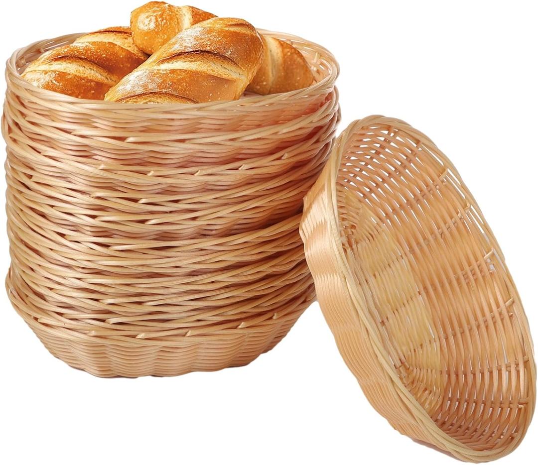 12Pcs Plastic Oval Baskets,Wicker Woven Fruit Basket Rattan Food Storage Baskets Bulk, Bread Baskets for Serving,Lightweight Snack Storage Bins,Stackable Empty Baskets for Kitchens,Christmas Gifts