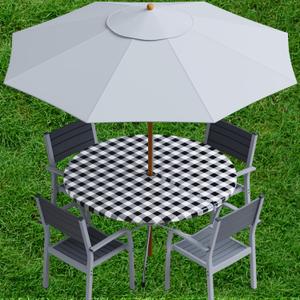 Sorfey Vinyl Umbrella Round Fitted Tablecloth Cover, Checkered Design, Flannel Backed Lining 30 Inch, Black