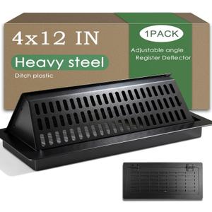 4x12 Floor Register with Vent Deflector, Heavy Duty Steel 2-in-1 Air Vent Cover, Adjustable Draft-Free Airflow, Tool-Free Drop-in Installation, Black 1 Pack