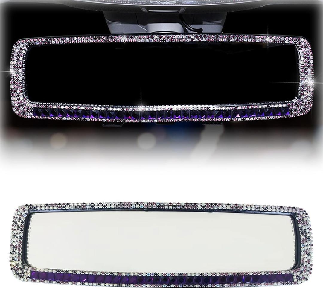 Bling Car Rear View Mirror, 10.51 Inch HD Glass Wide Angle Rearview Mirrors, Clip-on Crystal Diamond Panoramic Rear View Mirror Accessories, Bling Car Decorations for Women (Purple)