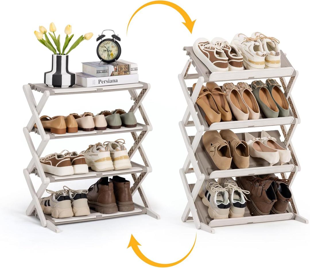 4-Tier Shoe Rack Foldable Free Standing Shoes Organizer for Front Door Entrance Garage Corridor Entryway and Living Room,Space-Saving Compact Shoe Shelf for Closet with Flat and Tilted, Grey (Gery)