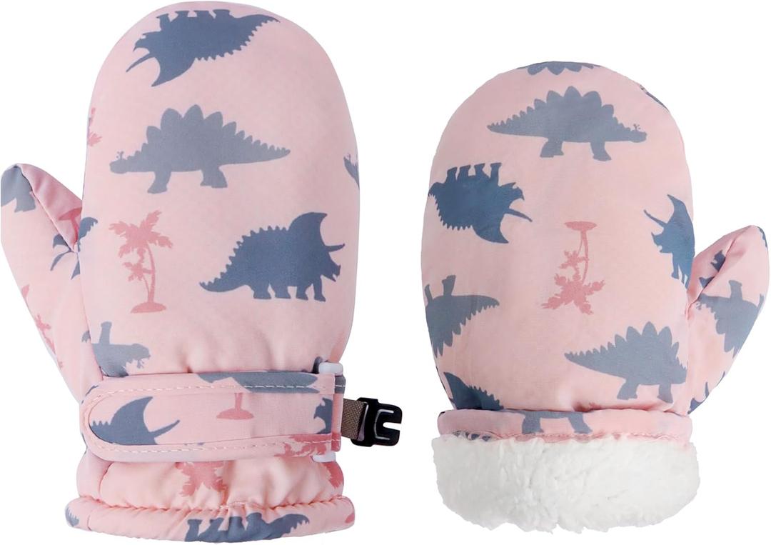 Toddler Mittens Lined Fleece Snow Gloves for Boys Girls Kids Winter Ski Gloves Baby Mittens (2-4 Years, Pink Dinosaur)