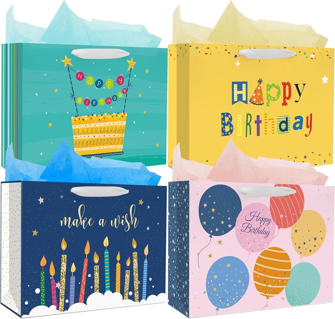 Nihuecne 16" Extra Large Happy Birthday Gift Bags with Tissue Paper, 4 Pack Paper Gift Bags with Handles for Birthday Gift Wrap,4 Designs